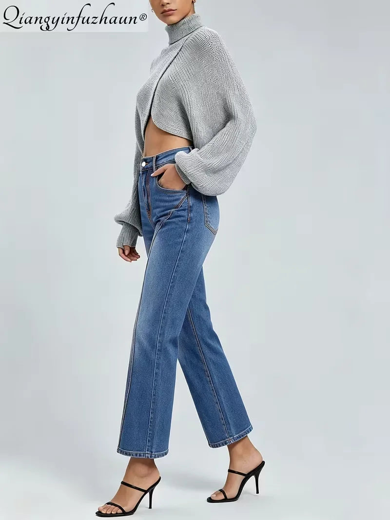 Small-scale design wash denim straight-leg pants for women, S-shaped spliced style, fits well, slimming effect, suitable for dai