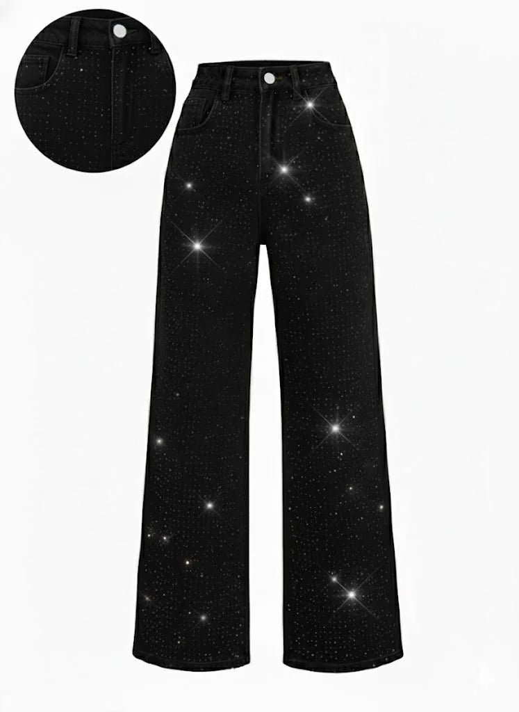 Women Diamonds Spliced Jeans Elegant Casual Midi Waist Denim Pants Solid Pockets Button Pant Washed Slight Strech Autumn Winter