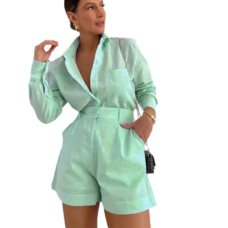Women's Long Sleeve 2-Piece Set Casual Button Detail Shorts Outfit with Shirt Top Summer Fashion Female Suit
