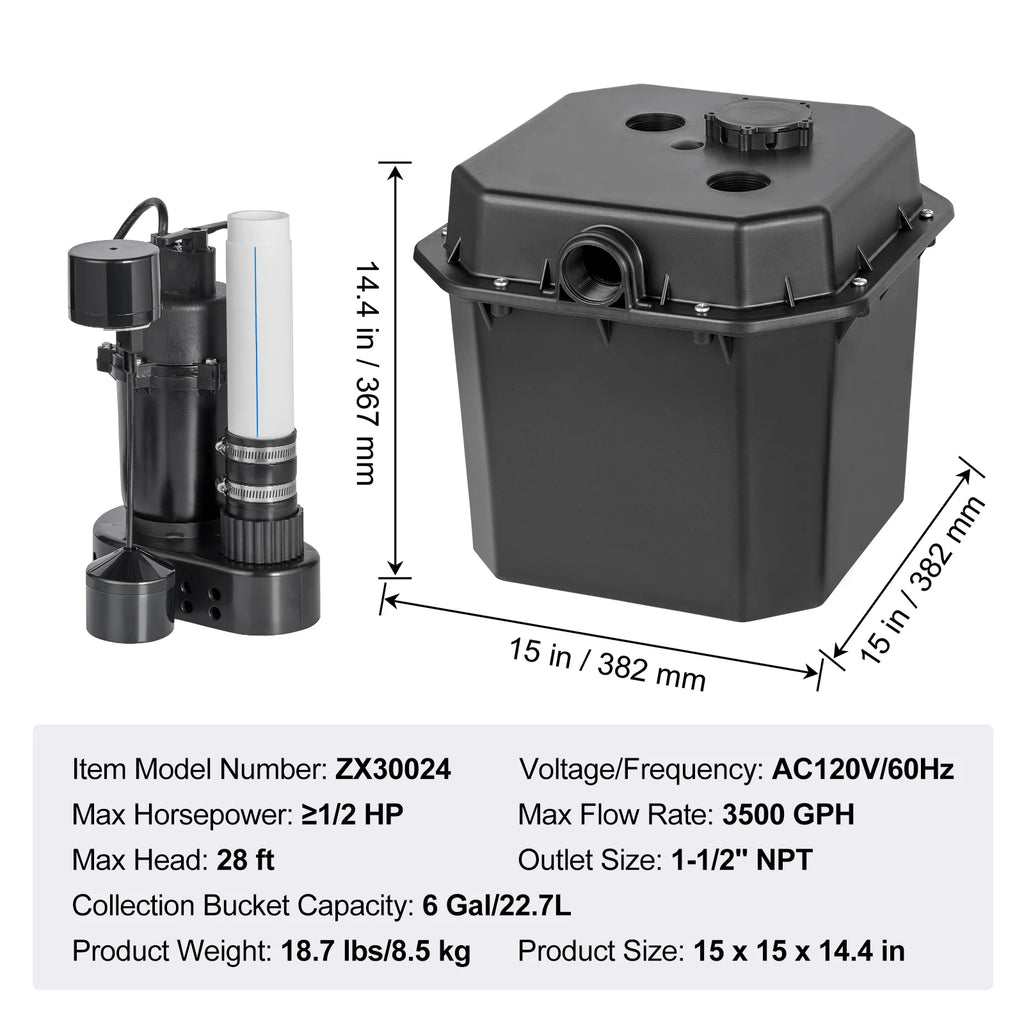 SucceBuy Utility Sink Pump 1/3HP 1/2HP 120V Under-Sink Sump Pump System with 6 Gallon Basin Automatic Utility/Laundry Drain