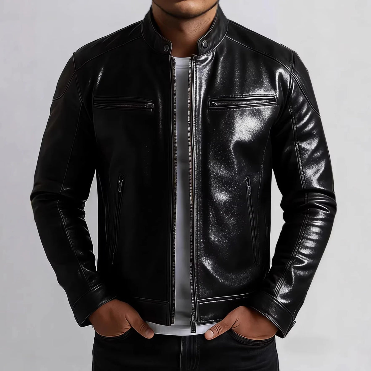 American Retro Men's Pu Leather Jackets Solid Slim Fit Punk Style Stand Collar Zipper Motorcycles Jacket Male Moto Biker Coats