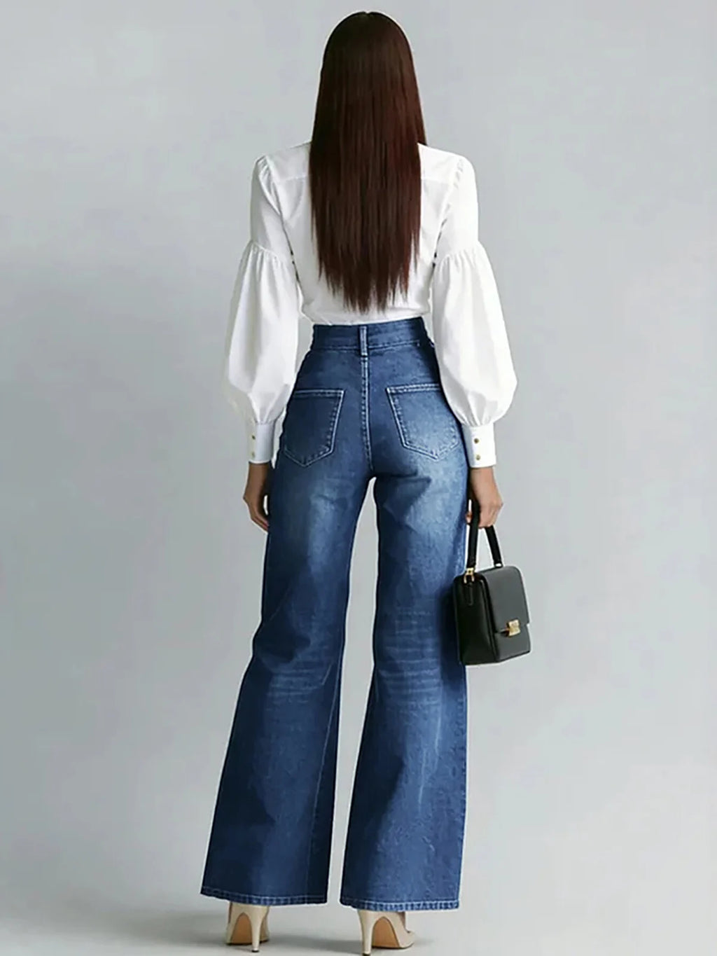 Women's Stylish Double Gold Zipper Denim Jeans Casual High Waist Vintage Straight Tube Wide Leg Flared Streetwear Denim Trousers