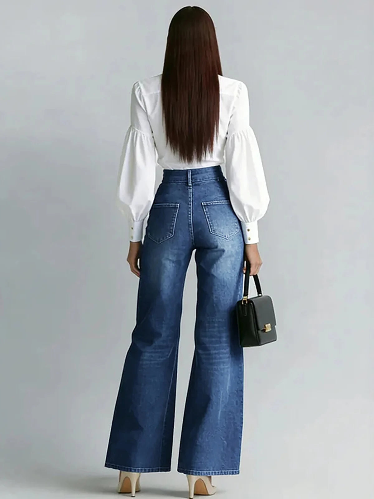 Women's Stylish Double Gold Zipper Denim Jeans Casual High Waist Vintage Straight Tube Wide Leg Flared Streetwear Denim Trousers