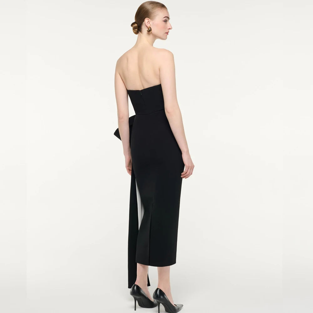 Evening Dress Customized Design Sexy Strapless Off Shoulder Waist Bow Tea Length Column for Prom Gown Bridesmaid Party Dresses