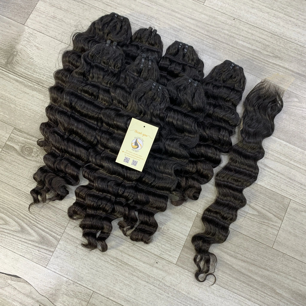 Wholesale Deep Wave Double Drawn Machine Weft Natural Black Raw Vietnamese Human Hair Bundles Soft Curl Weft Extensions