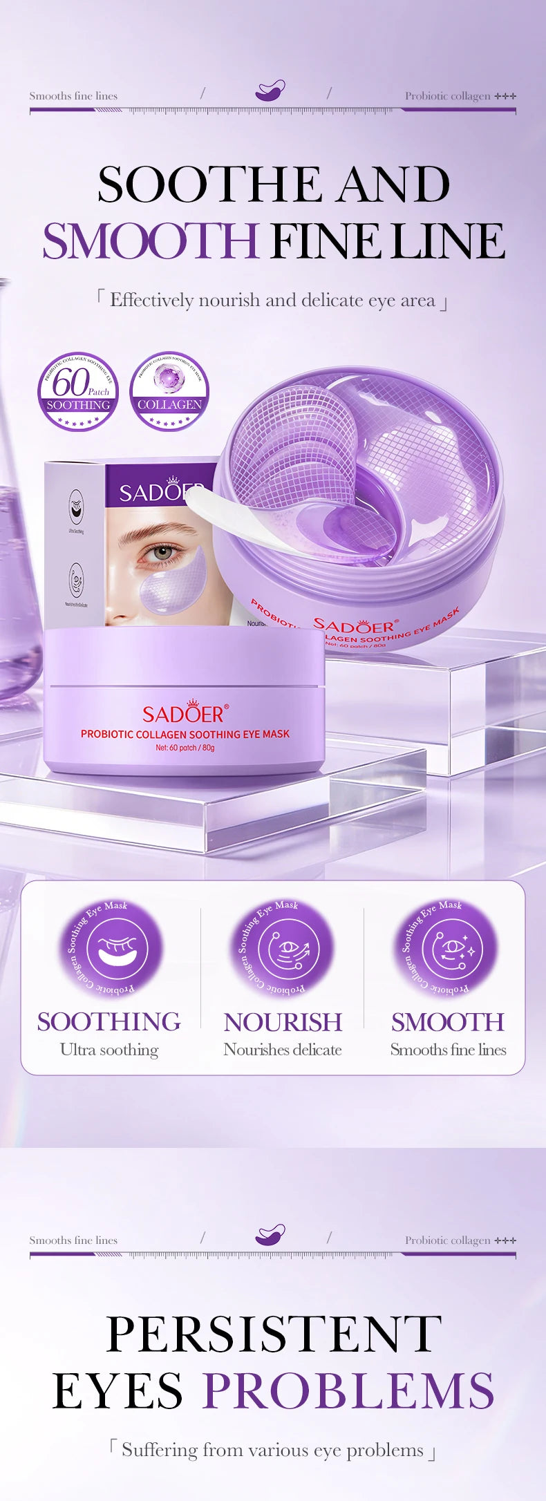 60pcs SADOER Probiotic Collagen Eye Mask Anti-aging Hydration Nourish Eye Skin Anti Dark Circles Smooth Fine Lines Eye Care