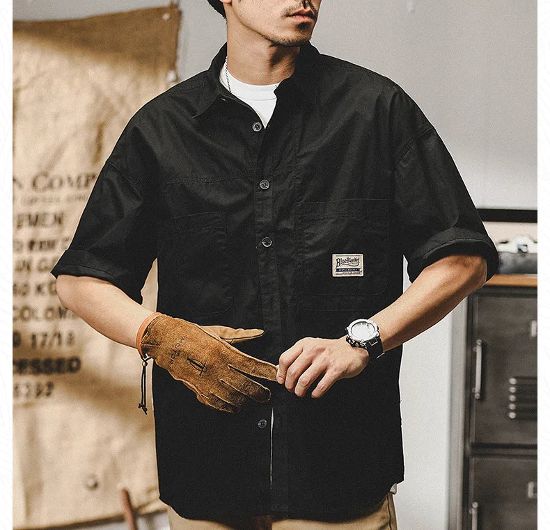 Men's Retro Short Sleeve Shirts Cotton Shirt Japanese Casual Loose Fit Thin Breathable Plus Size Shirts for Men Summer Workwear