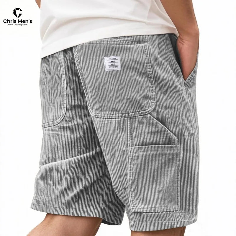 Men's Workwear Shorts Summer Casual Corduroy Loose Elastic Waist Multi-Pocket Leisure Pants Embroidery Retro Style Male Trousers