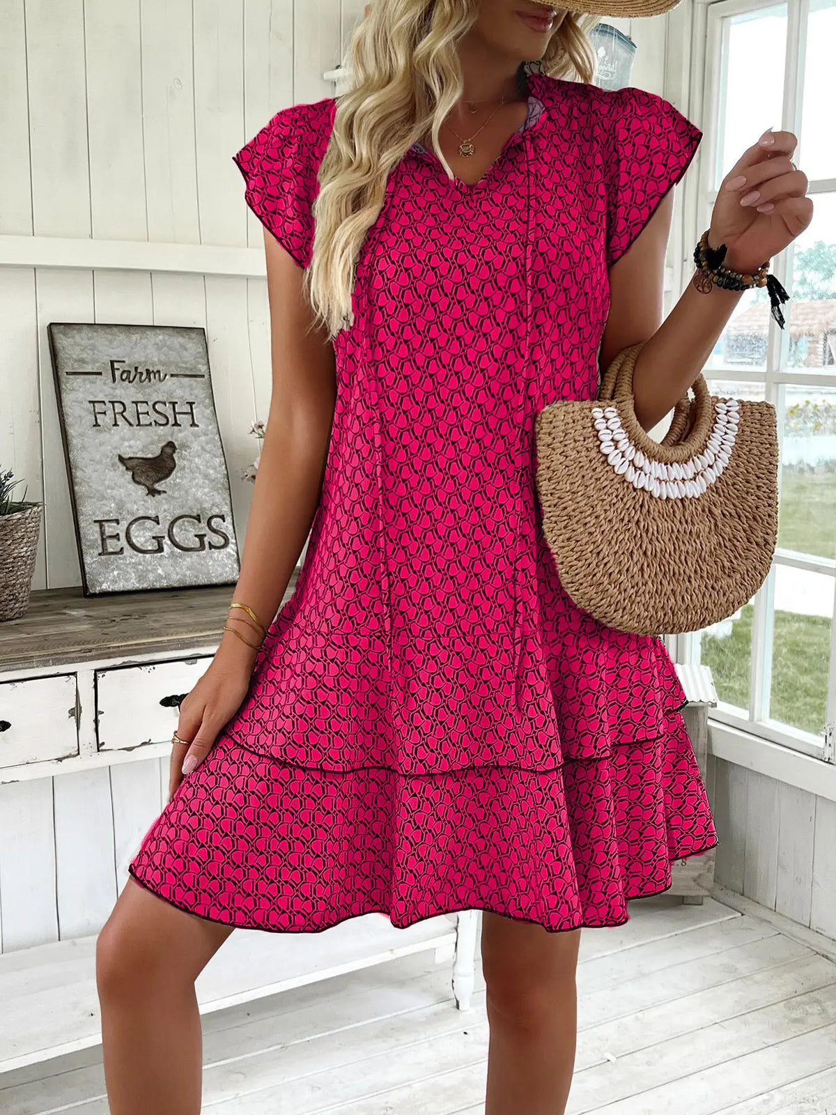 2025 Elegant Women's Casual Loose Ruffle Mini Dress Bohemian Printed V-neck Lace-up Small Flying Sleeve Dresses For Women S-3XL