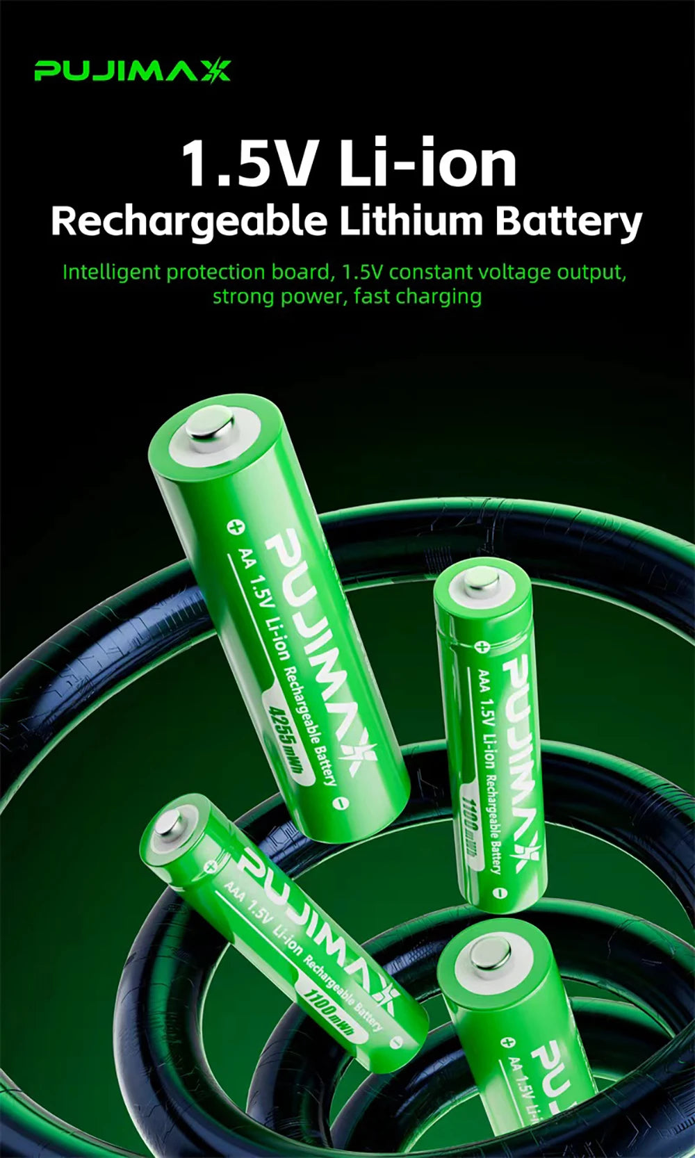 PUJIMAX Lithium-Ion Rechargeable Battery High-Capacity 1.5V 4255mWh AA&1100mWh AAA Battery for Remote Control Mouse Electric Toy
