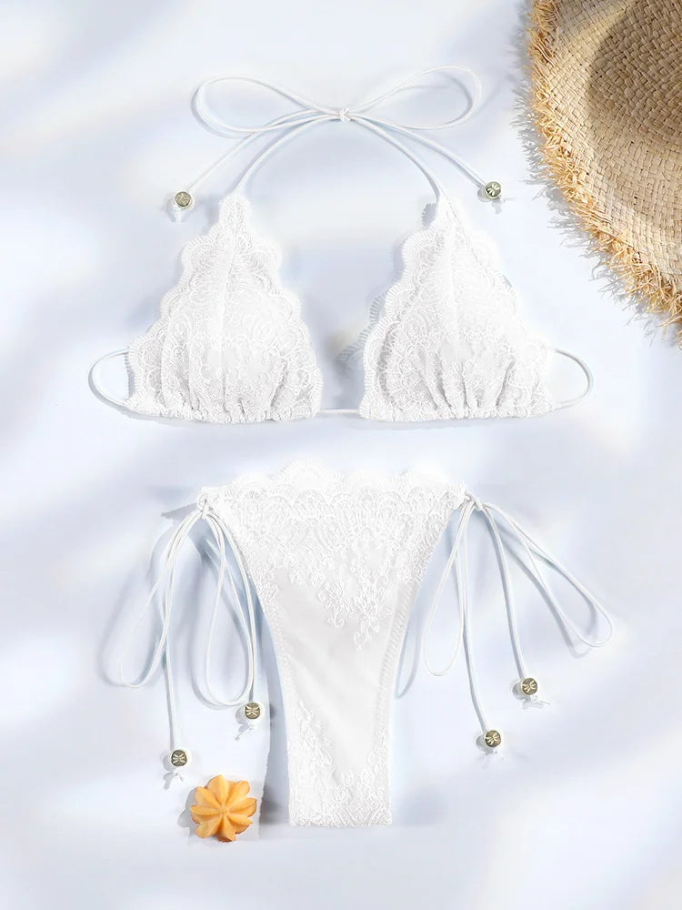 Miyouj Bandage Bikini Sets Triangle Bathsuits Low Waist Bathwear Solid Color Swimwear Women's Swimsuits High Cut Two-Piece Sets