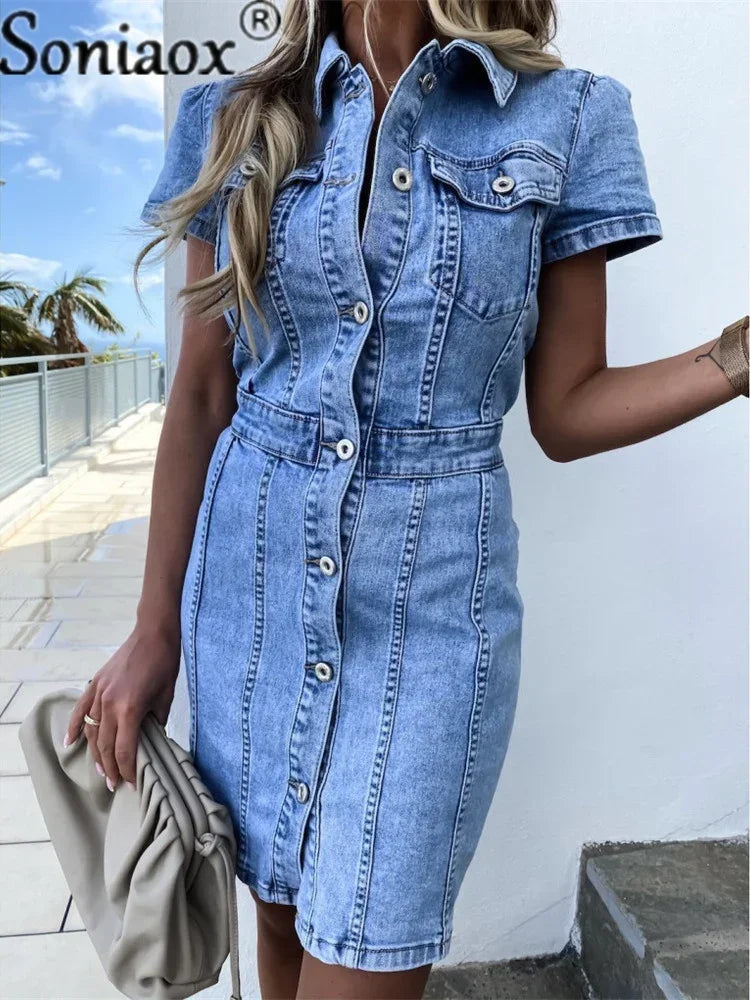 2022 Summer New Retro Light Blue Short Sleeve Denim Dress For Women Fashion Sexy Slim Jeans Dress Office Ladies Casual Clothes