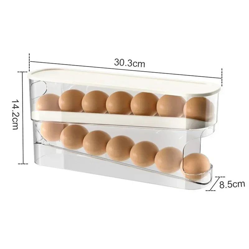 Double Layers Egg Storage Box Refrigerator Automatic Rolling Slide Egg Rack Refrigerator Side Door Freshness Box Kitchen Storage