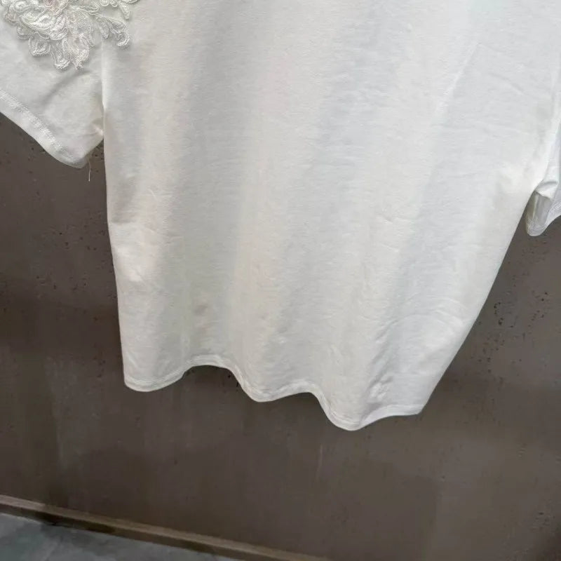 New 2026 Summer Women Casual T Shirts Short Sleeve Spliced Lace Embroidery Solid Color Ladies Fashion O Neck Pullover Tees Tops