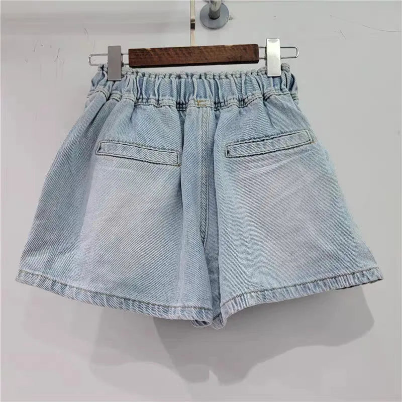 Shorts Women Jeans Straight Denims Sexy Diamonds Vintage Washed Distressed High Waist Button Summer Streetwear Short Pants