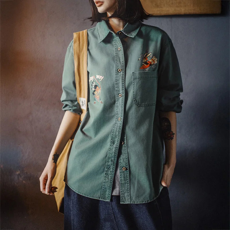Maden Women's Vintage Washed  Embroidered Print Long Sleeve Shirt 100% Cotton Loose Fit Collar Blouse Single-breasted Fall Tops