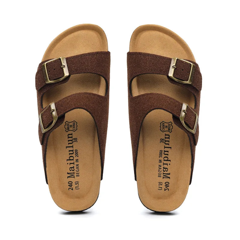 Nubuck Women Cork Slippers Summer Mule Clogs Flats Sandals Slides Casual Beach Couple Double Buckle Soft Shoes Footwear Big Size