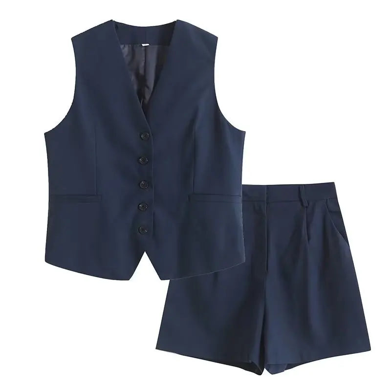 Retro Linen Office Lady Women Suits V Neck Vest Blazer Commuter Wide Leg Shorts Fashion 2024 Summer Vintage 2 Piece work clothes