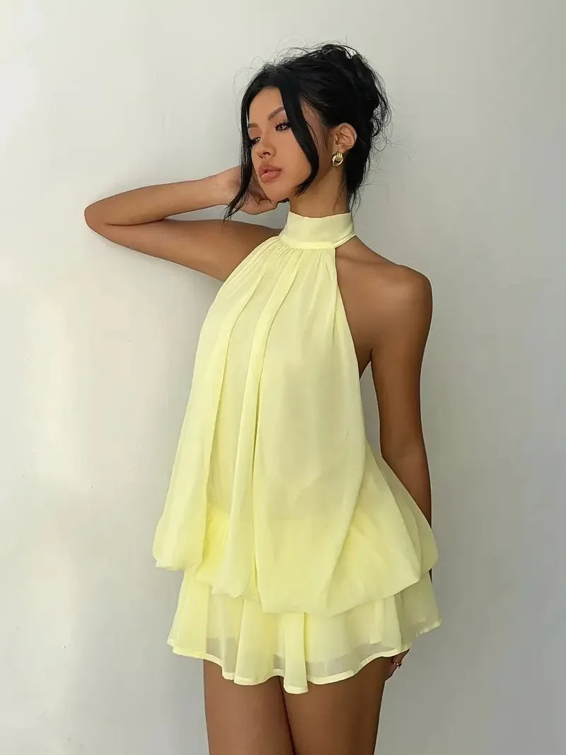 Women Halter Neck Backless Tie Mini Dress Summer Sleeveless Chiffon Ruffle Short Dresses Sexy Club Party Beach Vacation Outfit