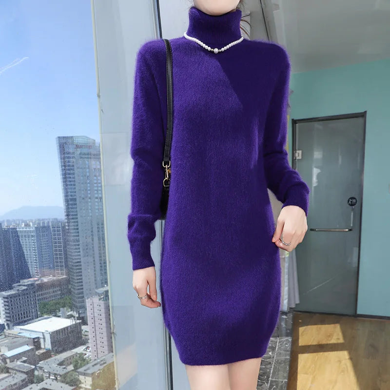 New Hot Selling 100% Mink Cashmere Knitted Women's High Neck Pullover Dress Sweater Slim Fit Solid Color Long Women's Dress
