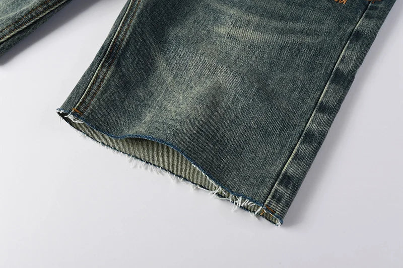 2026 Hot New Men's Blue Acid Washed Denim Shorts Distressed Ripped Embroidered Slim Fit Casual Shorts Streetwear Bottoms