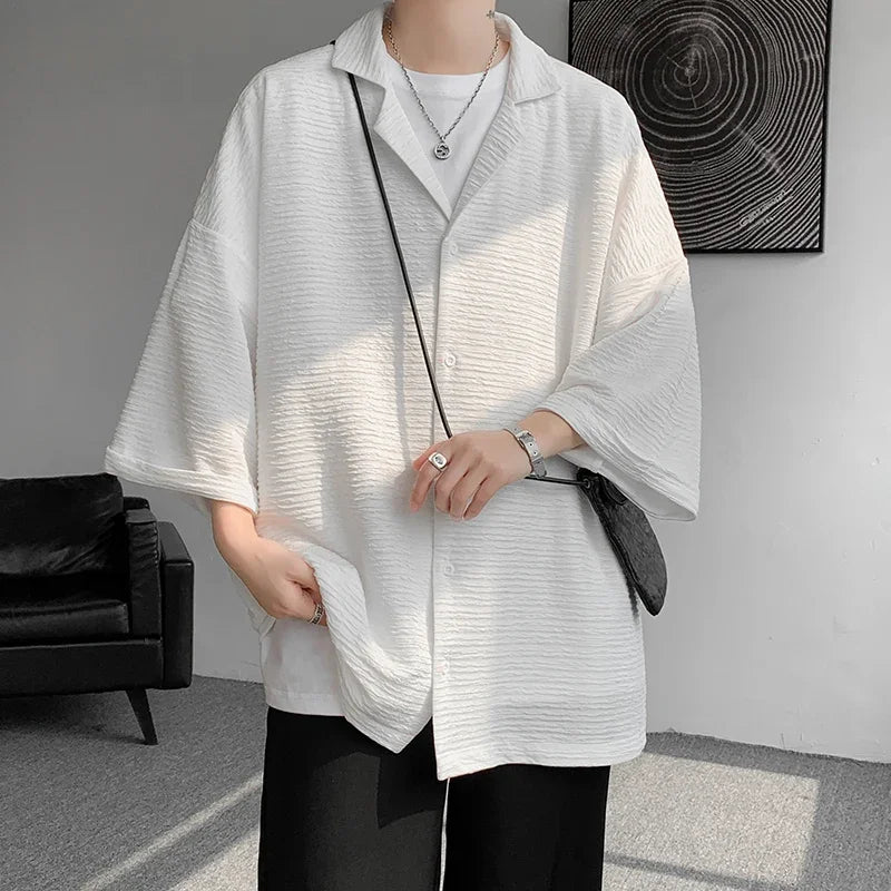 LEGIBLE Spring Summer Solid Shirts Men Casual Oversized Three Quarter Shirts Male Loose Fit Shirt for Man