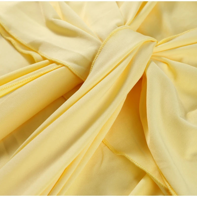 Yellow Pleated Off-shoulder Ribbon Dress Women's Sexy Lace Up Full Sleeve Bodycon Dresses 2025 Autumn New Elegant Party Vestidos