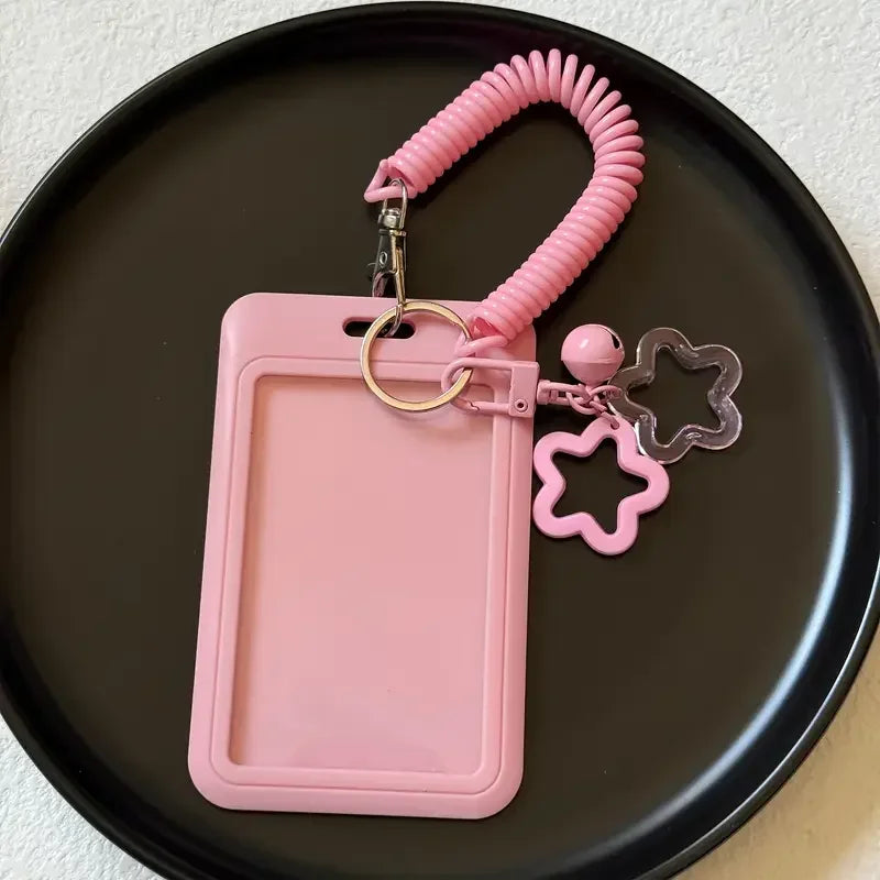 Cute Simple Protective Card Holder with Keychain Colorful Star Retractable Spring Lanyard ID Card Photo Postcard Holder Charms