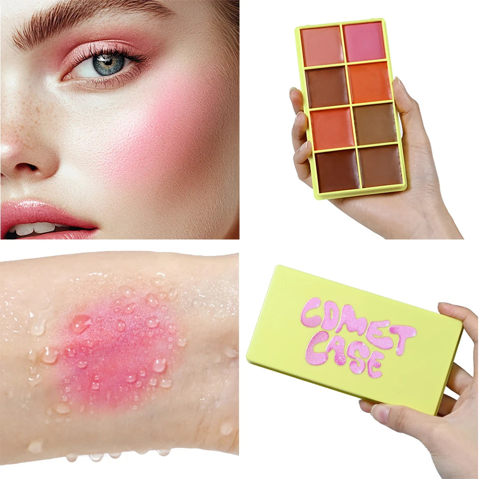 All-In-One 8 Color Cream Blush Countouring Face Palette Blendable Longwear Natural Glow Shades Long-Lasting Sweat-Resistant Woman Makeup