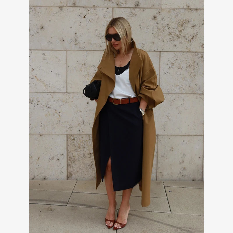 Women Green Oversized Belt Overcoat Elegant Long Sleeve Pleated Lapel Lace Up Windbreaker Autumn Lady Daily Street Outerwears
