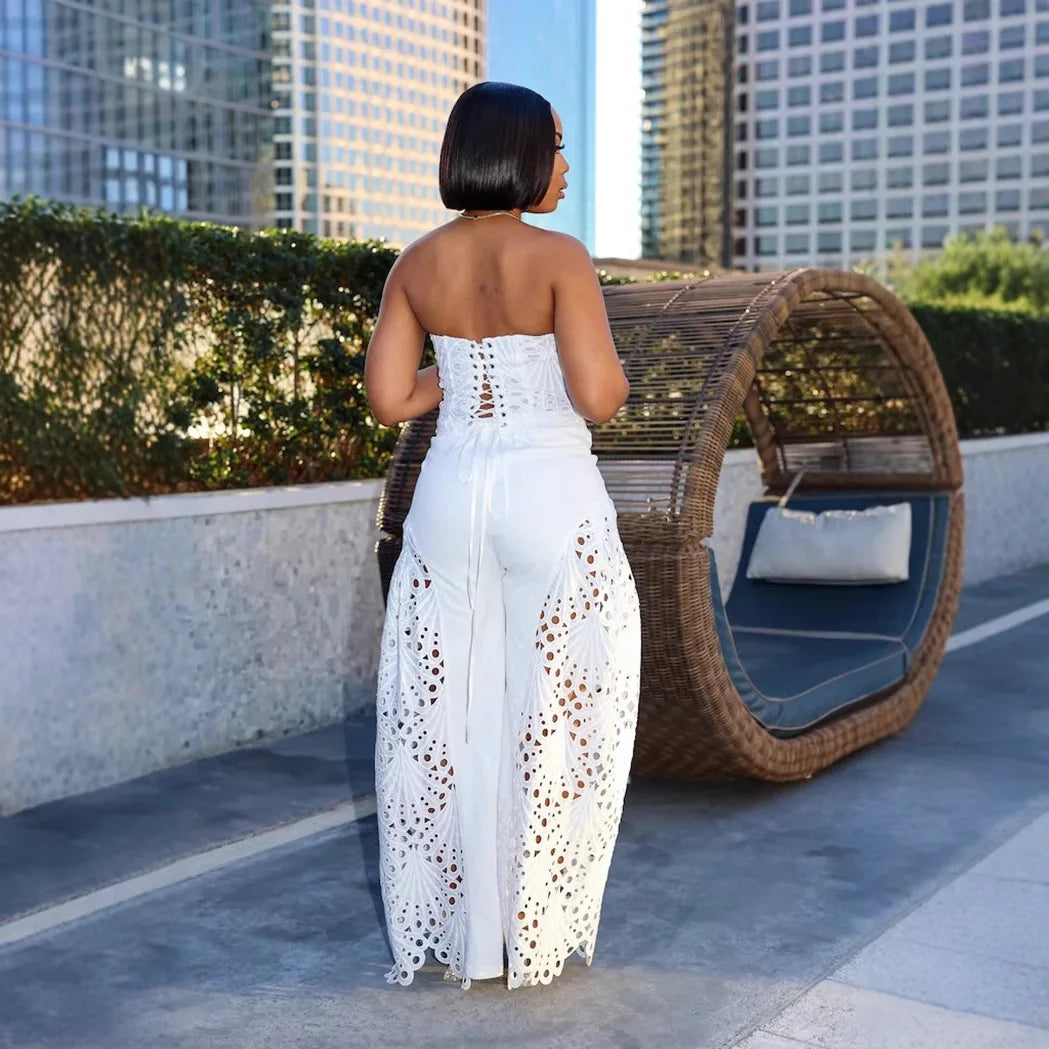 Women's Solid Color Pants Sets Hollow Out Lace Tube Top Cropped Top High Waist Trousers Two Piece Set Sexy Hot Girl Streetwear