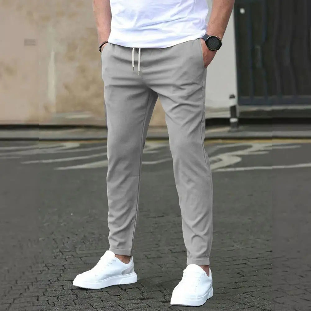 Slim Fit Pants Stylish Men's Slim Fit Drawstring Pants with Side Pockets for Commuting Travel Gym Elastic Waist Casual Trousers