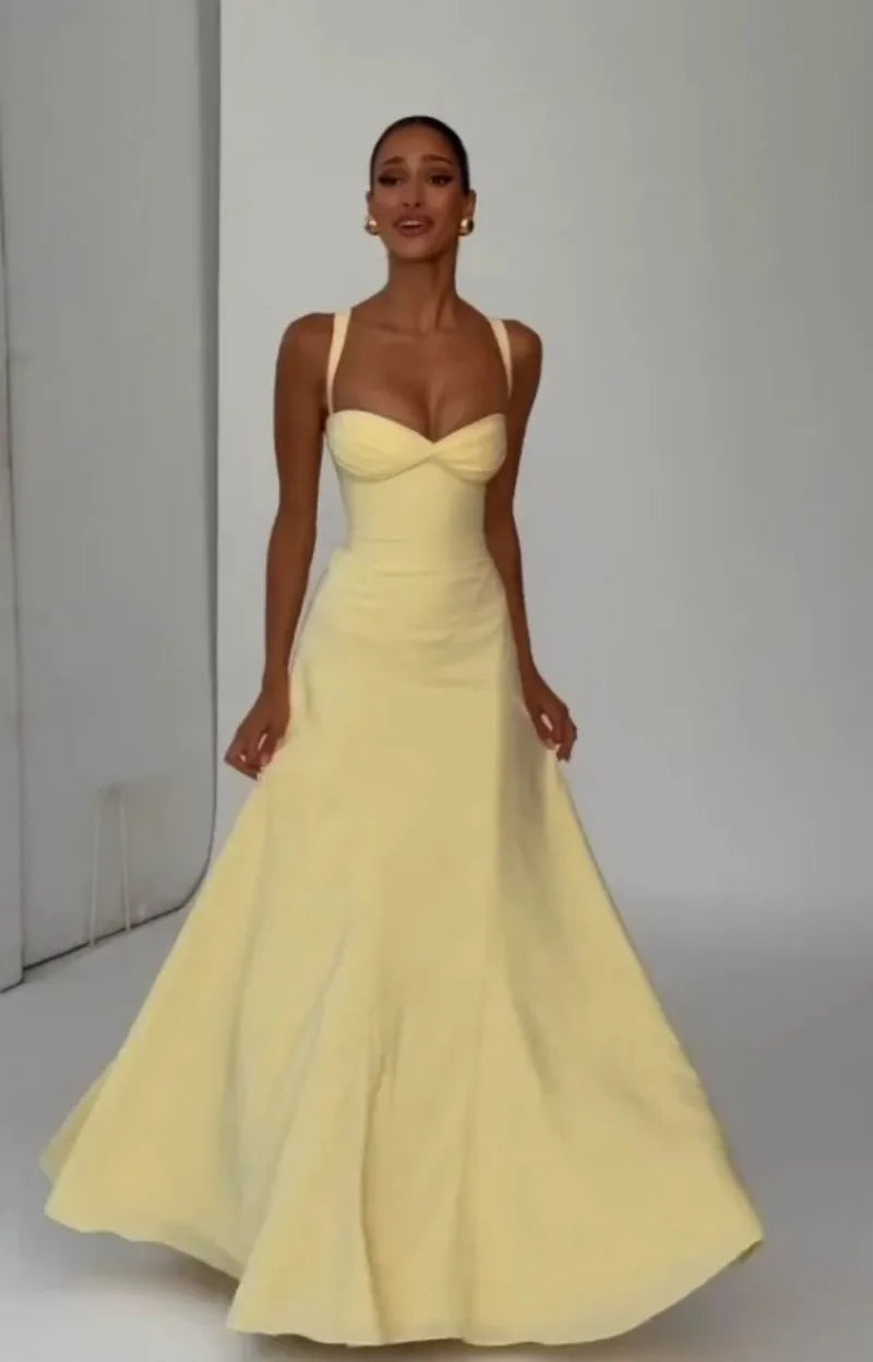 Women Yellow Low Cut Backless High Waisted Dress Lace Up Sleeveless Waist Cincher Spaghetti Strap Vestidos Party Club Women Robe