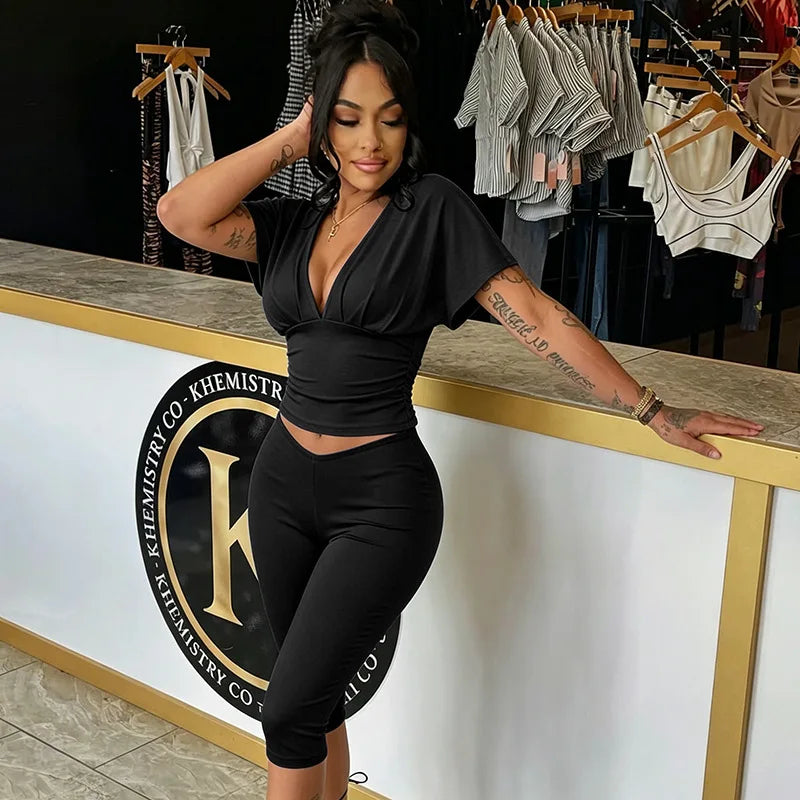 STYLISH LADY Y2K Solid Color Two Piece Set Batwing Sleeve Ruched Top Capri Pants 2026 Women Bodycon Vacation Party Outfits