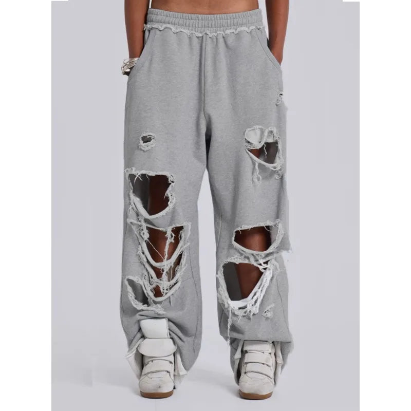 Y2k Grey Ripped Women's Jogging Wide Leg Pants American Retro Hip-hop Drape Thin Sports Pants Solid Color Loose Casual Summer