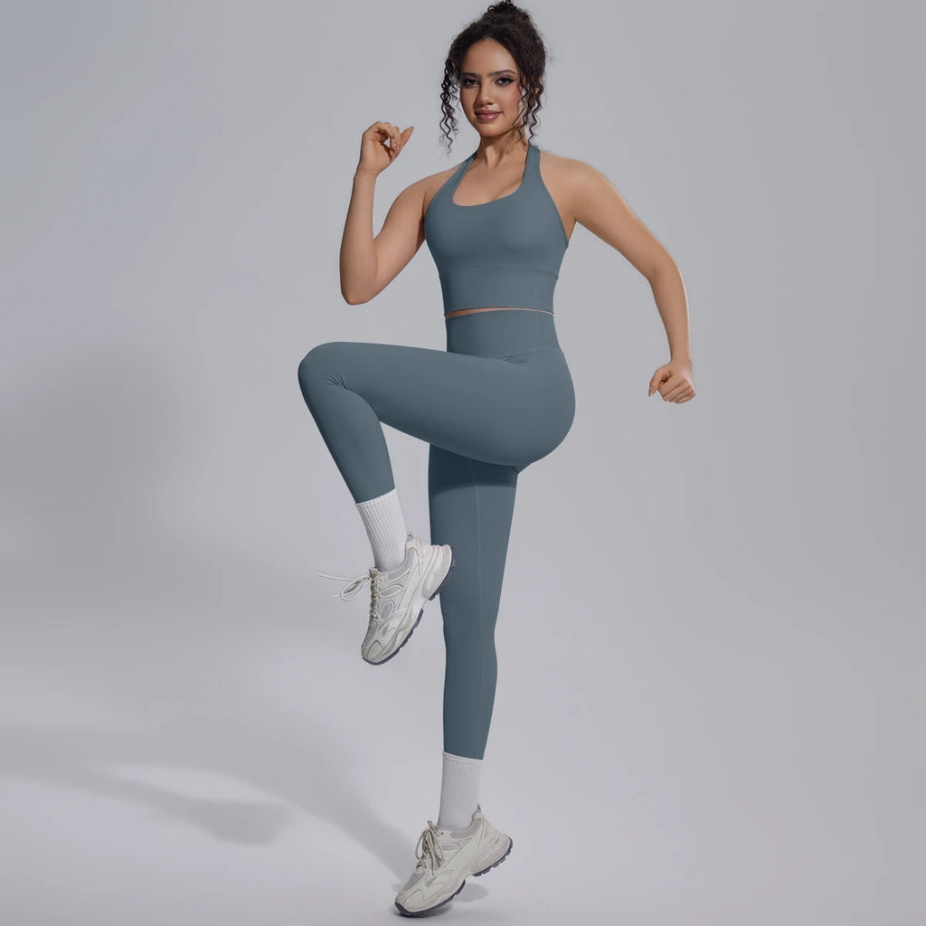 Rooftrellen New Women's Two-piece Set Fitness Sports Solid Color Yoga Set Summer Quick Drying Legging Pants Gather I-shaped Vest