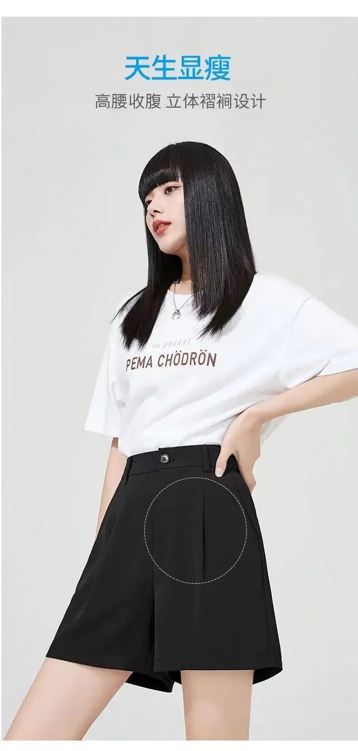 Suit Shorts Women Wear Loose Waist Tight Waist High Thin Loose Straight Leisure A -line Wide -legged Female Three -point Pants