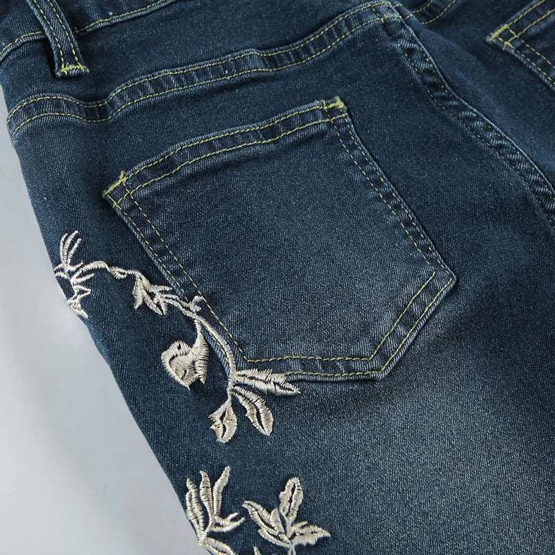2026 Denim Trousers Y2K Flare Pants Jeans Women Embroidery Boot Cut Low Waist Washed Distressed Pockets Floor Length Streetwear