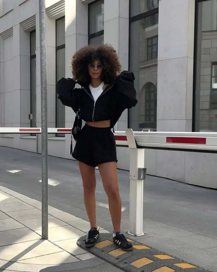 Women's Outfit Long-Sleeve Hooded Drawstring Sweatshirt Shorts Set Two-Piece Sets Sports Suit Sportswear Streetwear Trendy