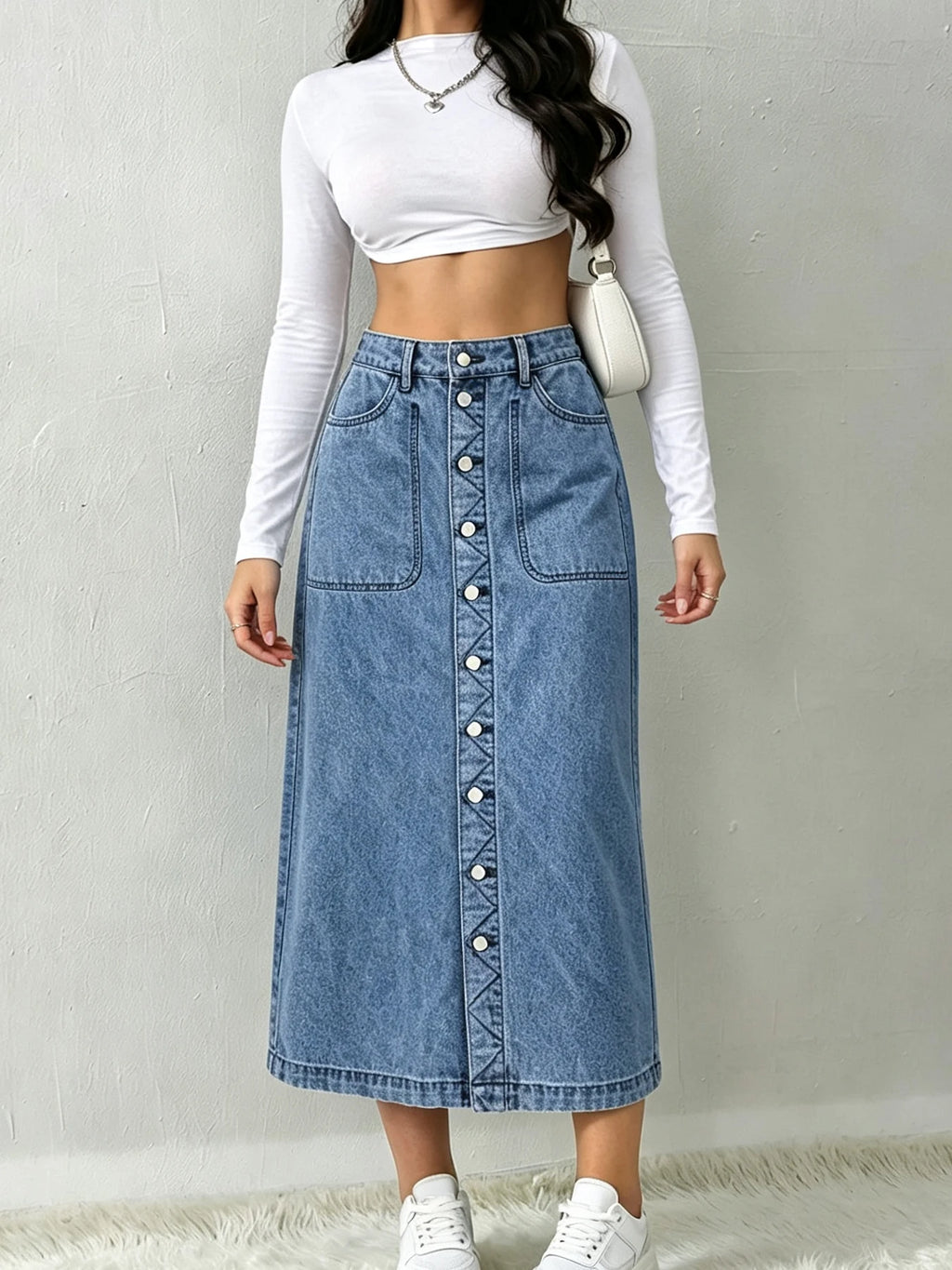High-Waisted, Washed Blue, A-Line, Loose-Fit Casual Denim Skirt—Mid-Length, Non-Stretch, Button-Down Design