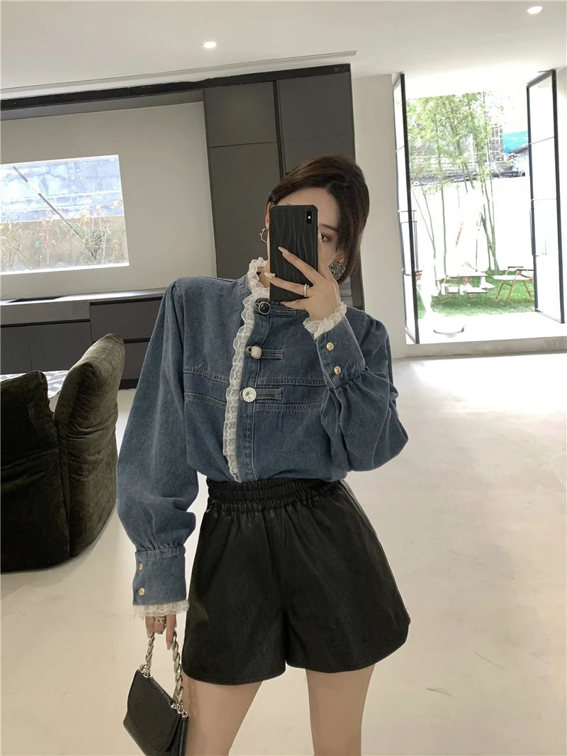 2025 Spring Lace Denim Shirt Women Fashion Patchwork Long Sleeve Blouse Female Loose Stand Collar Button Down Jean Shirts Woman
