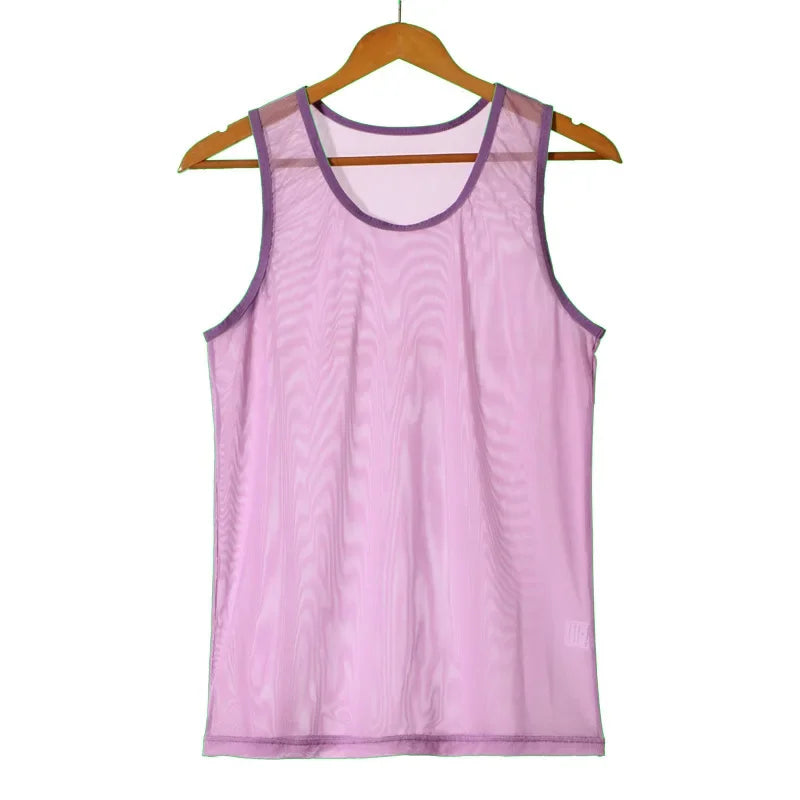 Men Sleeveless Mesh Sheer Tank Outwear Training Vest Fishnet Hollow Out See Through Undershirt