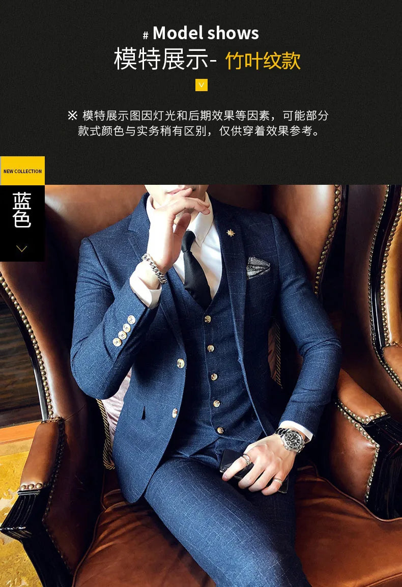 S-7XL ( Blazer + Vest + Pants ) Striped Plaid Solid Color Mens Formal Business Suit 3Pcs Set Groom Wedding Social Show Dress