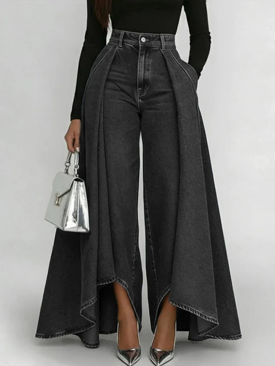 Fashion High Rise Denim Culottes Jeans Side Drape Oversized Wide Leg Pants Loose Fit Casual Trousers Streetwear