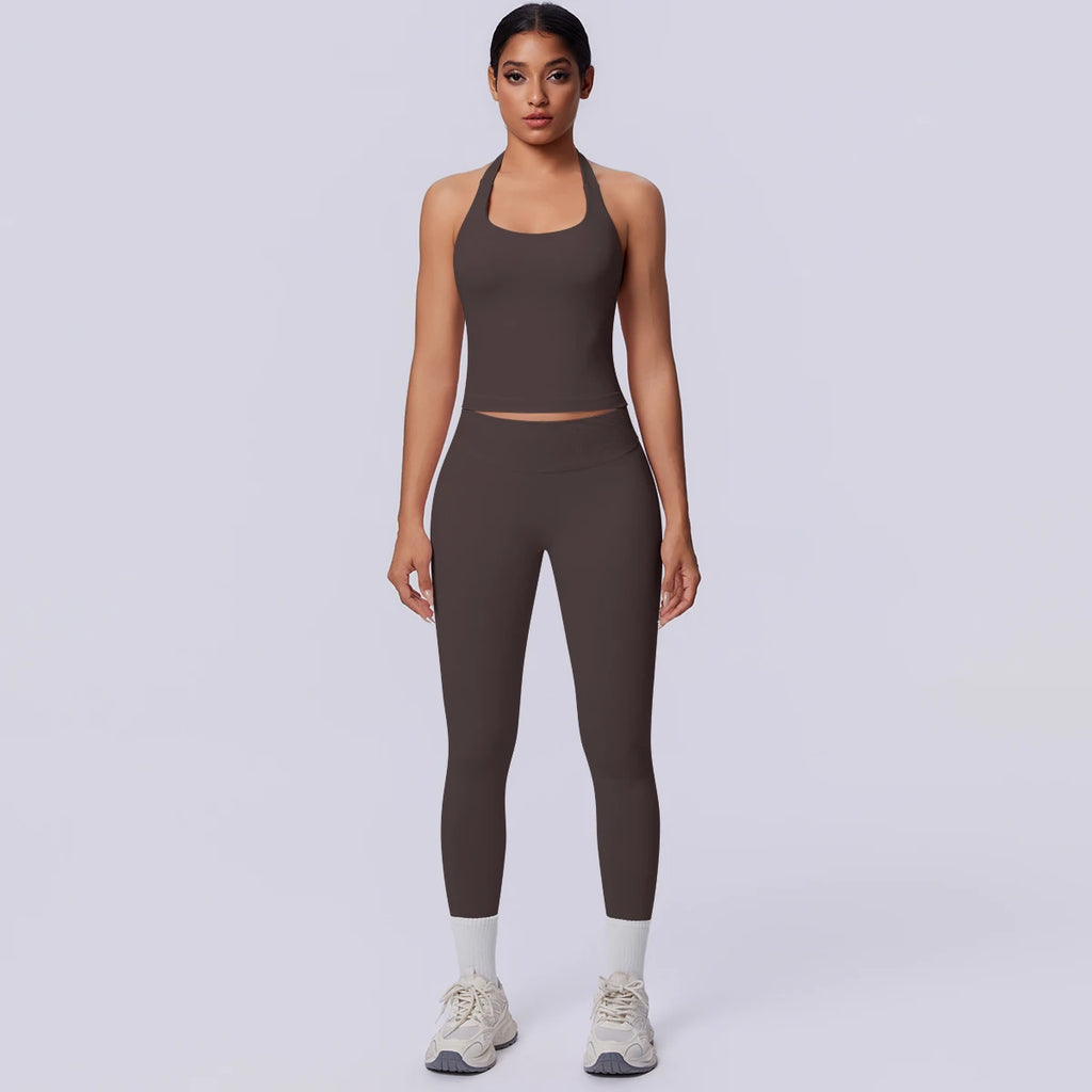 2PCS Woman Yoga Set Solid Color Sexy Fitness Top Summer Gym Workout High Stretch Female Pants Sports Fitness Clothing Yoga Set