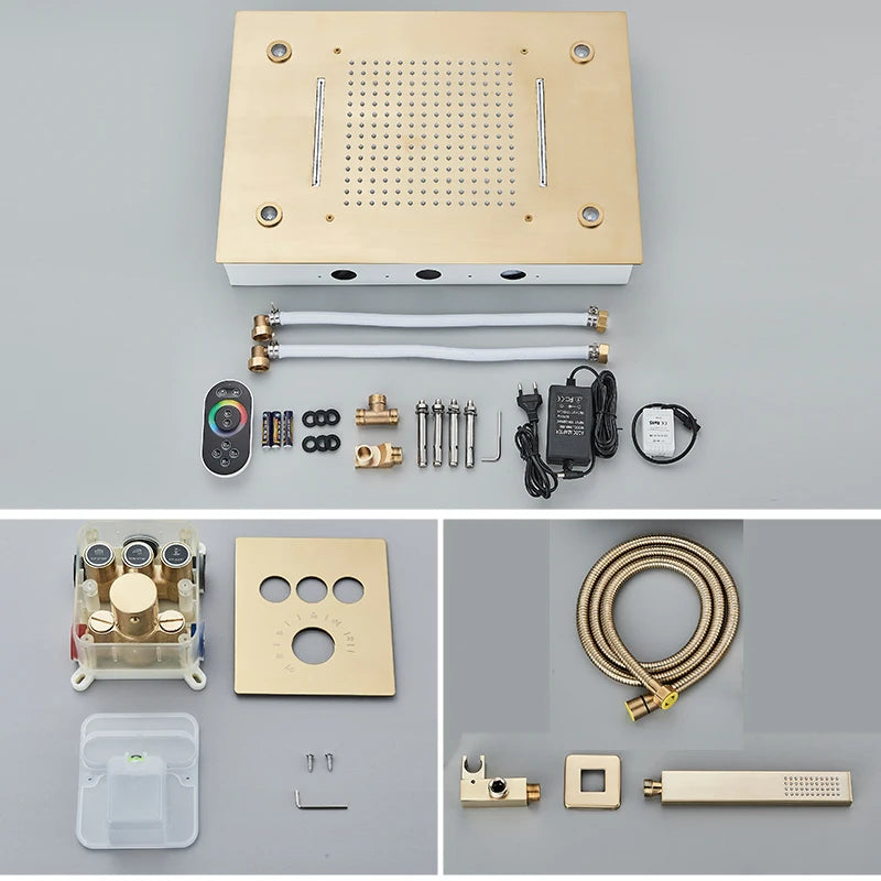 Digital Display Thermostatic Rain Shower System Set 14 X 20 Inch Waterfall Rainfall LED Ceiling Shower Head with HandShower