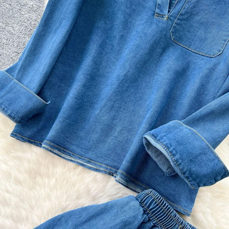 Vintage Denim 2 Piece Sets Women Outfit Spring Clothes Women 2026 Long Sleeve Shirt Top Straight Jeans Pant Set Cowboy Woman Set