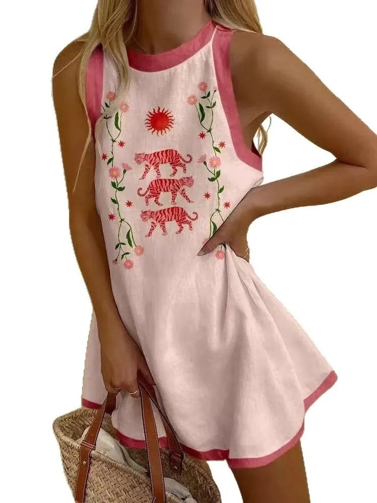 Fashionable Printed Shirt Skirt Sexy Sleeveless Spring Summer New Item Round Neck Women's Sports Shirt Casual Loose Dress