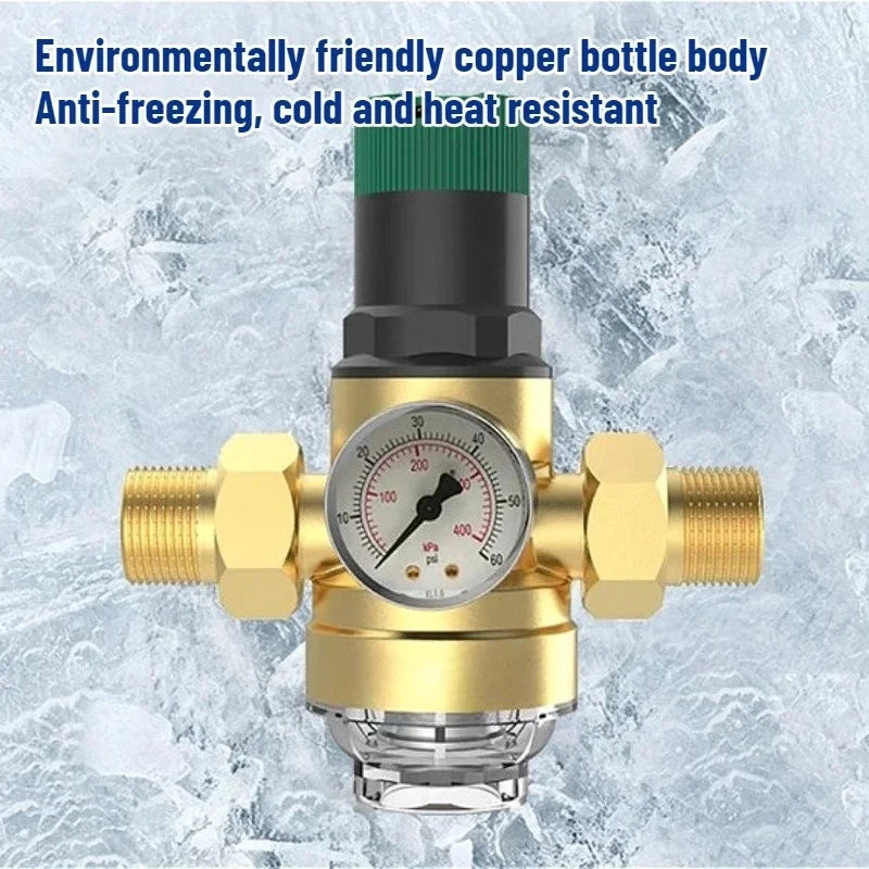 Tap Water Pressure Reducing Valve Adjustable Brass Double Union Pipe Water Purification with Gauge Filter Valve DN15/20/25/32