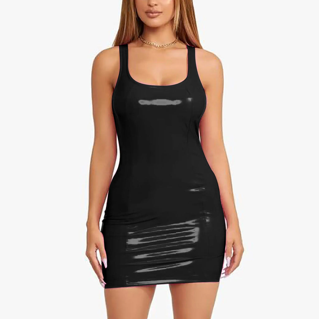 Women's Colorful Leather Dress Zipper PU High Elastic Round Neck Dress Short Skirt Elastic Leather Dress Wrapped Hip Sundress